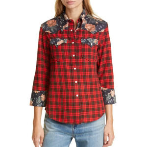 R13 Exaggerated Collar Mixed Media Print Cowboy Shirt Red Plaid Japanese Fabric
